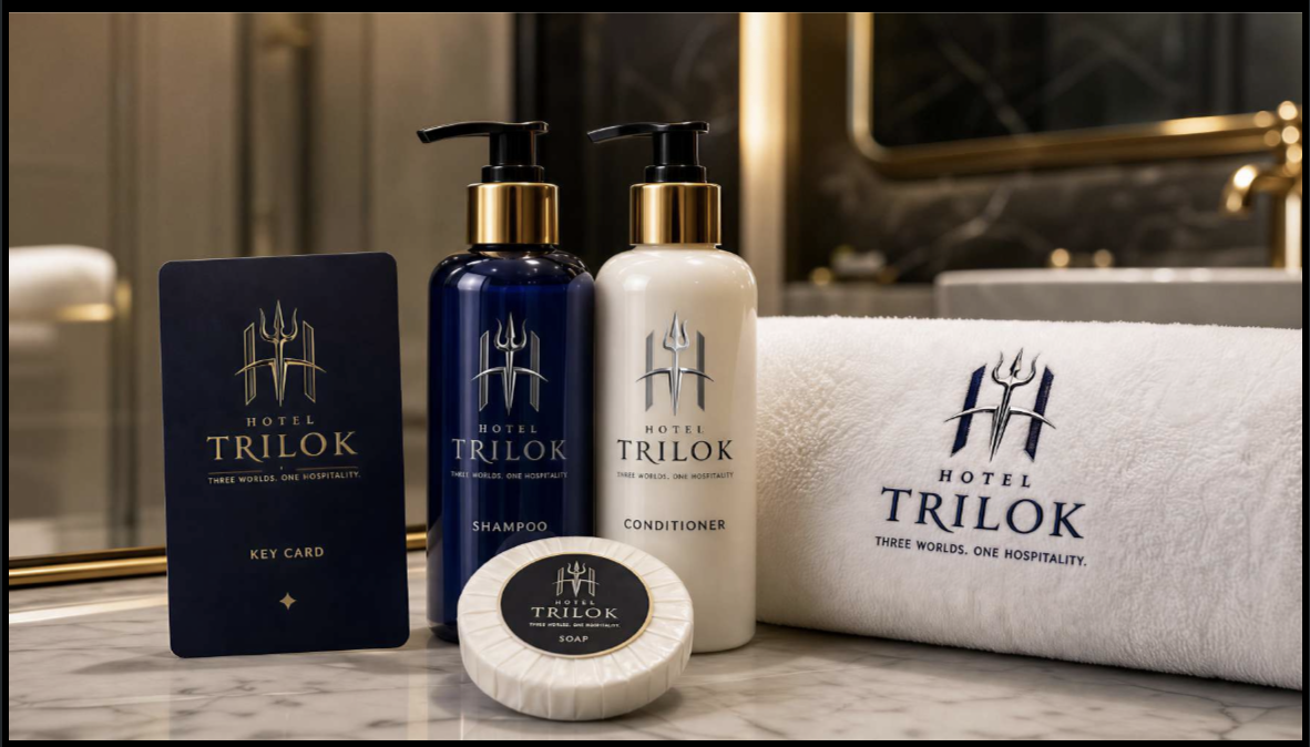 Hotel Trilok key card, shampoo, conditioner, soap and crested bath towel