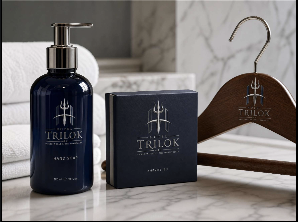 Hotel Trilok hand soap, amenity kit and wooden hanger